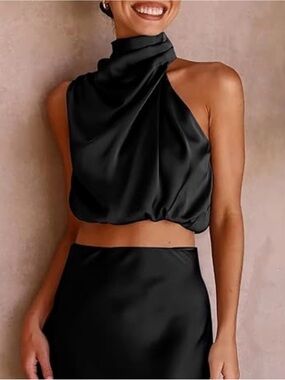 Satin High-Neck Crop Top in Black